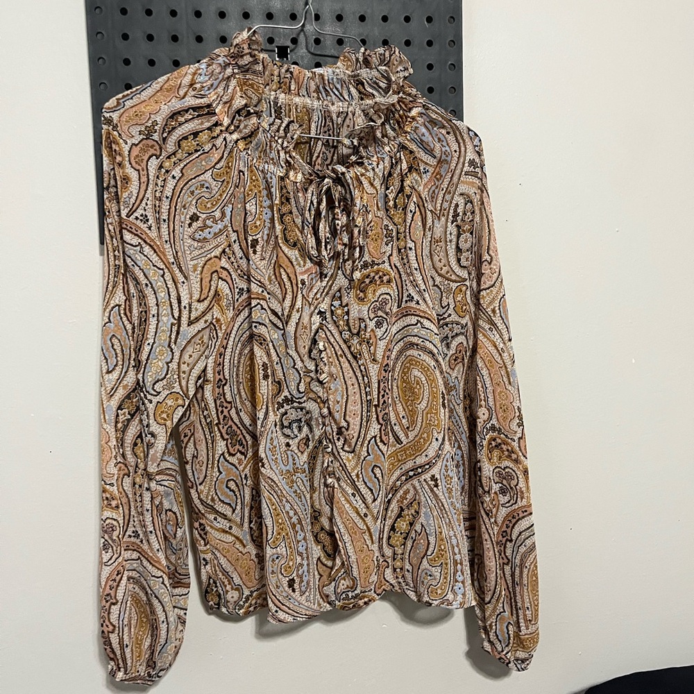 Paisley Ruffle-Neck Long Sleeve Top in Beige and Brown